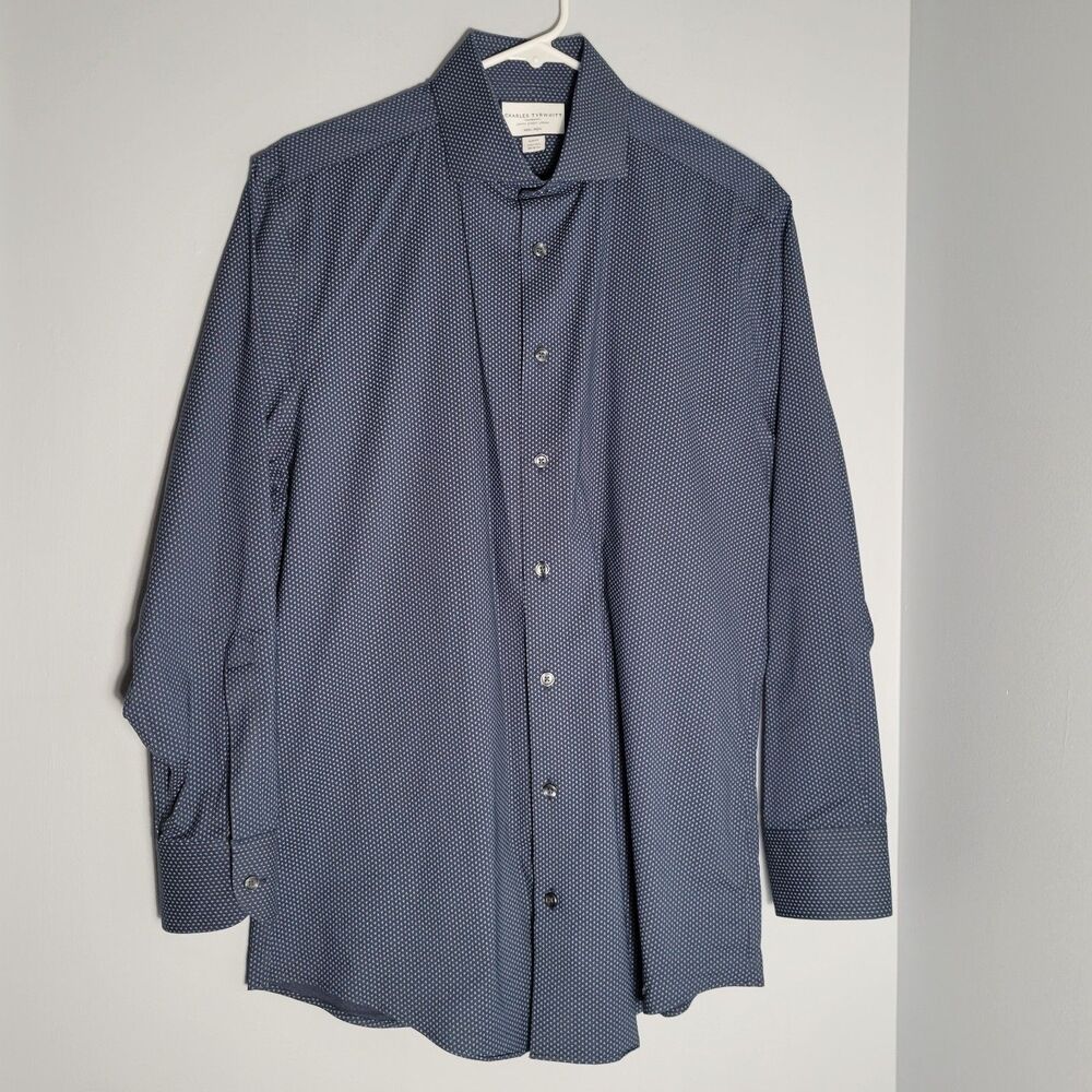 Charles Tyrwhitt Slim Fit Non-Iron Navy Blue Small Dot Details Size 15.5/32